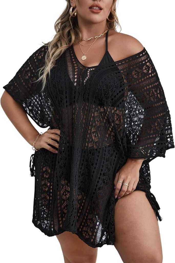 SOLY HUX Womens Plus Size Short Sleeve Hollow Out Split Beach Swimsuit Bikini Cover Up
